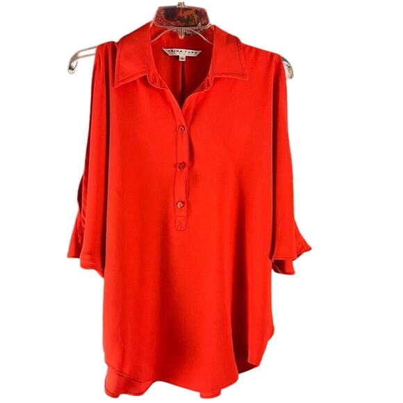 Trina Turk Popover Cold Shoulder Orange Shirt Top Blouse Size Small - Picture 1 of 7